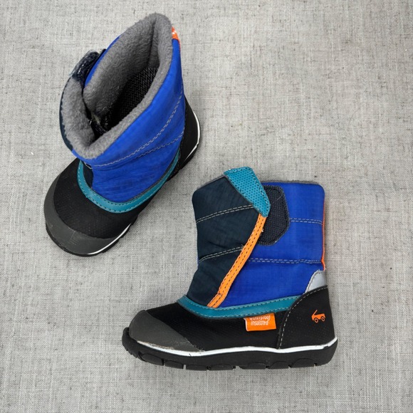 See Kai Run Baker Winter Boots Navy Blue and range Rubber Pull On Boys Size 6 - Picture 1 of 11